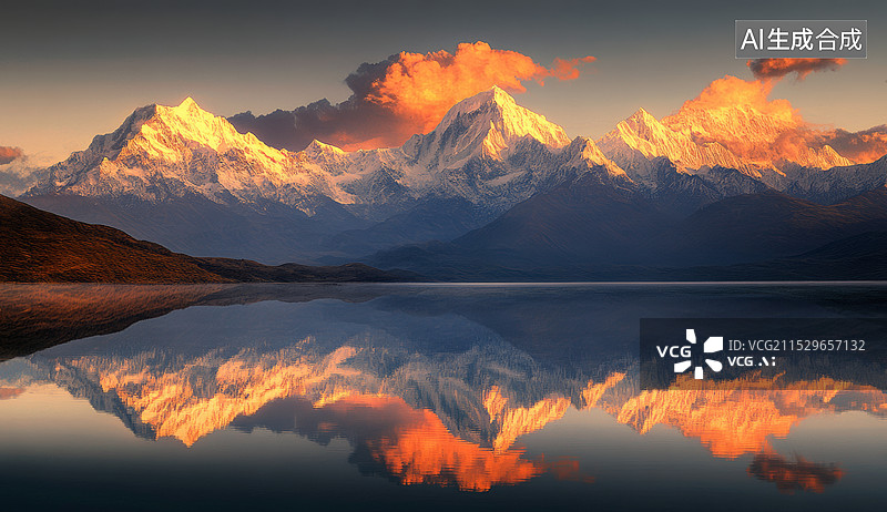 【AI数字艺术】一幅壮丽的山湖风光。远处是高耸入云的雪山山脉，山顶覆盖着皑皑白雪；近处则是一个平静如镜的湖泊，图片素材