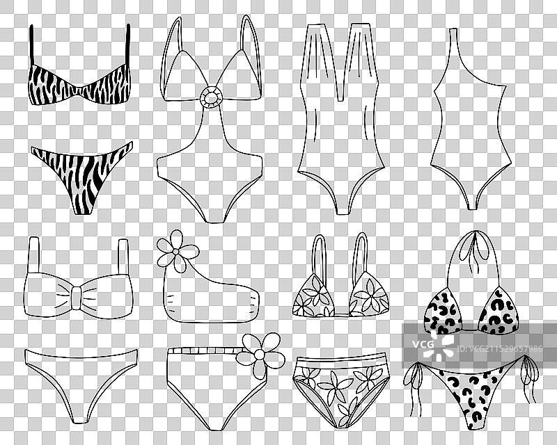 一套手绘女性泳衣和比基尼图片素材