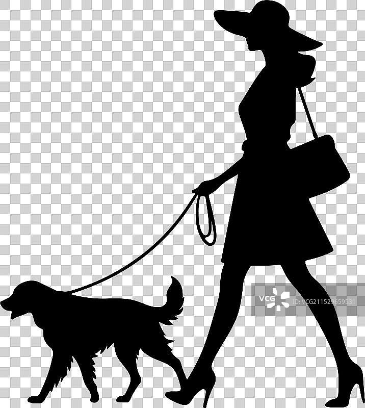 女人与狗的剪影散步图片素材