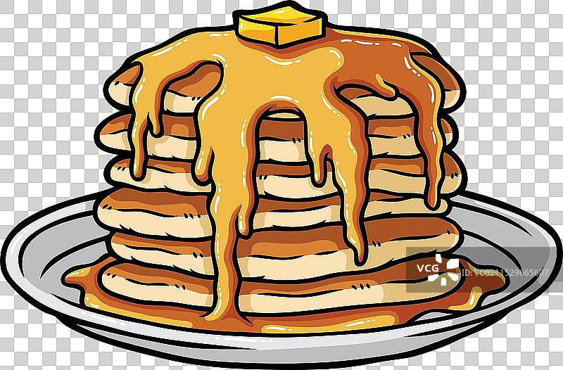 卡通煎饼配黄油和糖浆放在盘子里图片素材