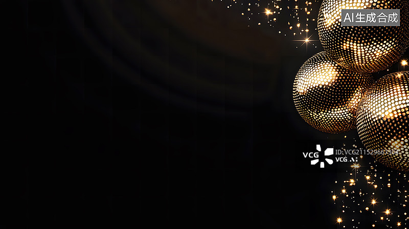 【AI数字艺术】AIGC：黑色背景下的金色金属圆球，暗色背景留白图片素材