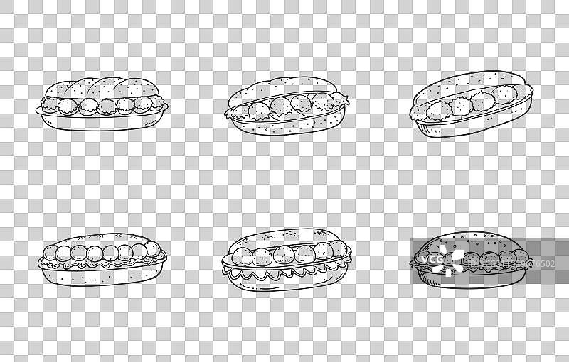 详细的肉丸子三明治线条艺术套件图片素材
