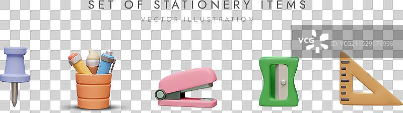 办公用的别针、铅笔杯、订书机和削笔器图片素材