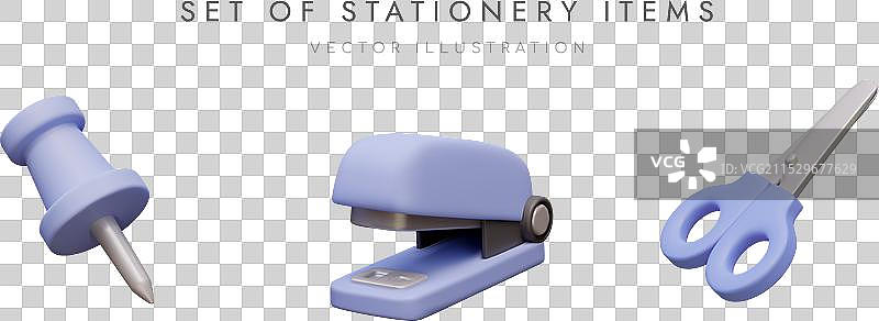 3D 办公桌上的图钉、订书机和剪刀图片素材