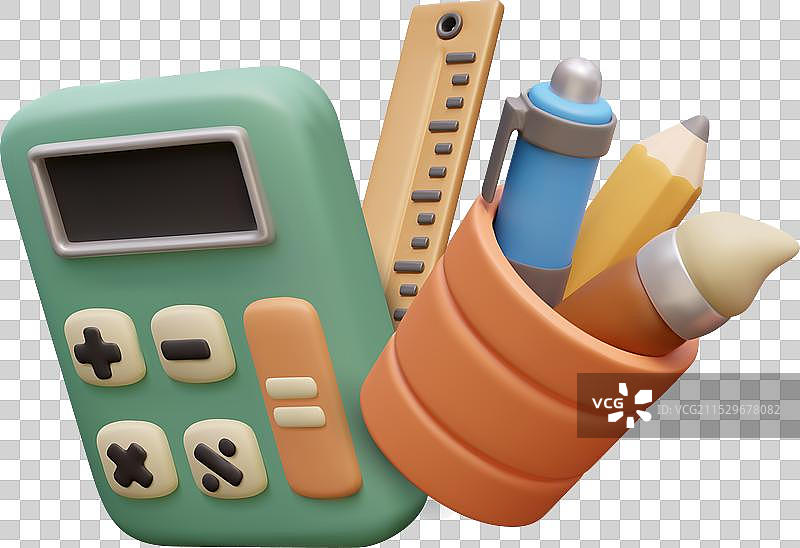 绿色计算器与木制尺子的组合图片素材