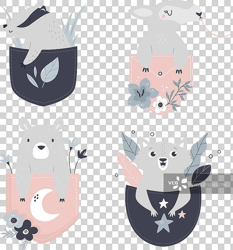 可爱的熊、食蚁兽、獾和狼图片素材