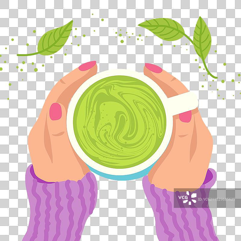 女人手中的茶杯与抹茶粉图片素材