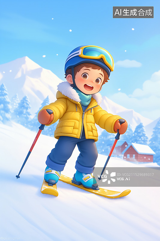 【AI数字艺术】冬天雪地里滑雪的可爱男生图片素材