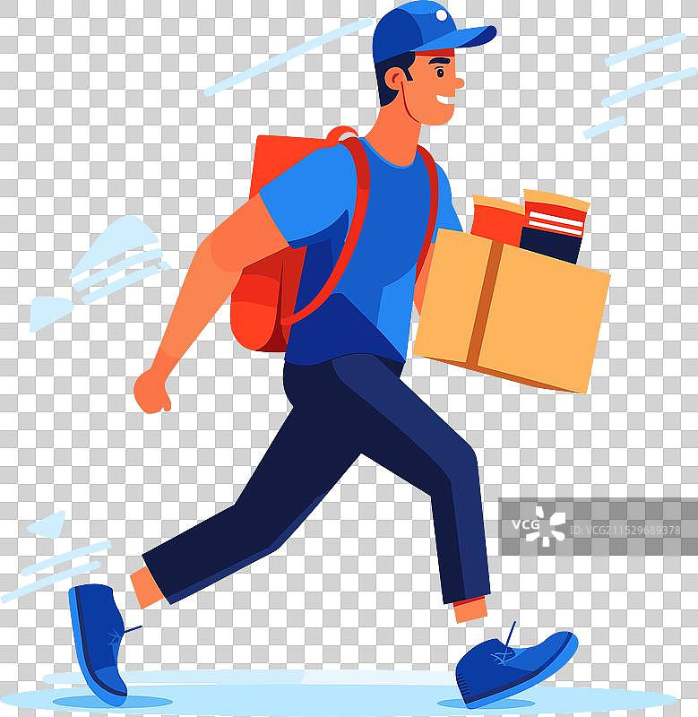 快递员匆忙地携带着一个包裹，背景色彩鲜艳。图片素材