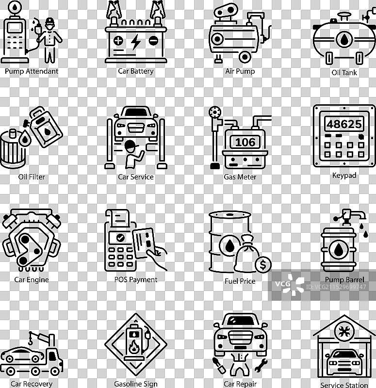 加油站和机械师的线性图标集合图片素材