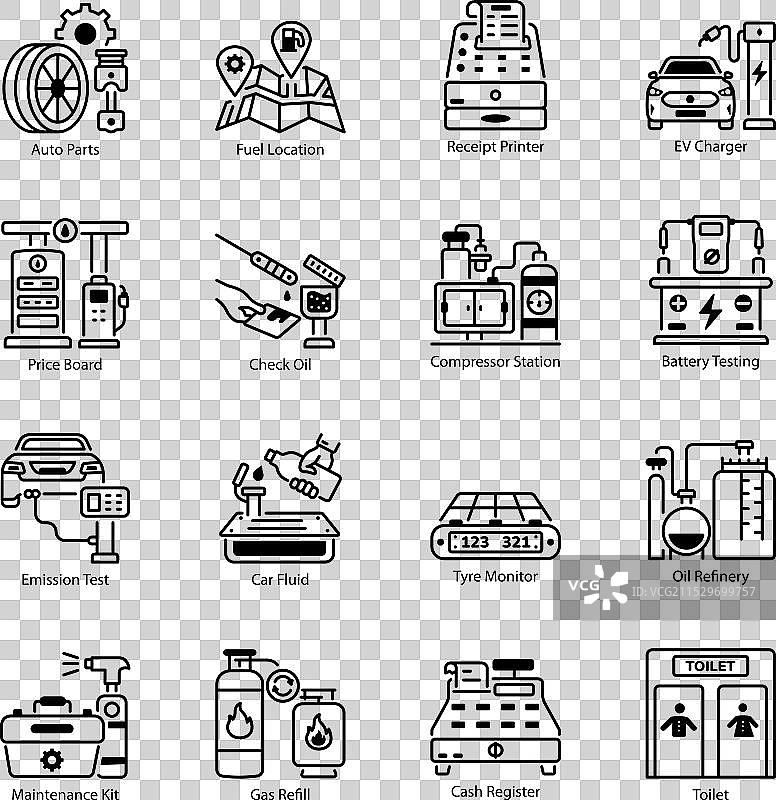 便利的加油站和汽车服务线条图标集图片素材