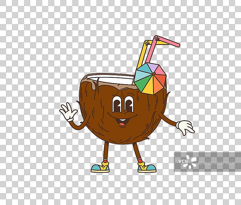 复古风格的卡通椰子鸡尾酒角色图片素材