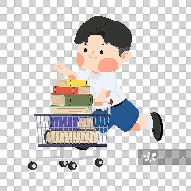 男孩推着装满书籍的购物车图片素材