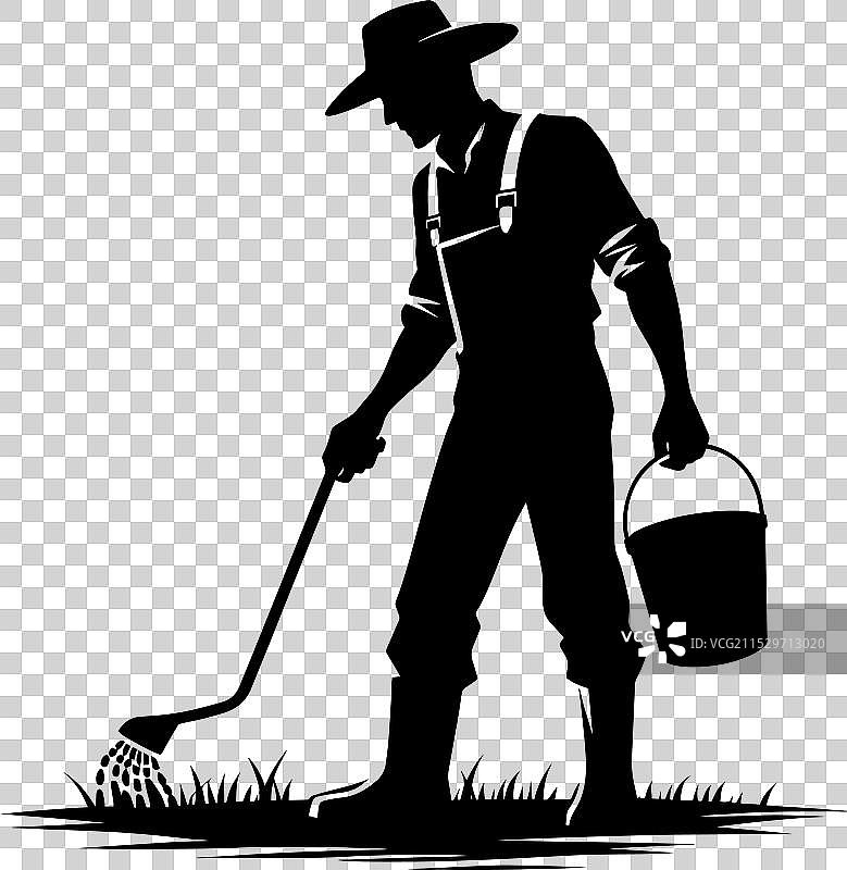 农民在田间劳作的剪影，孤立在一个背景上图片素材