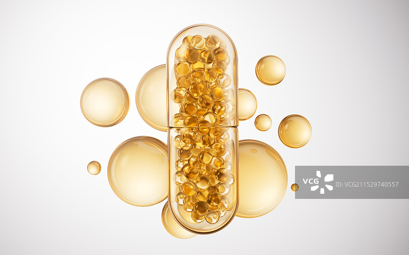 金色医药胶囊与气泡背景三维渲染图片素材