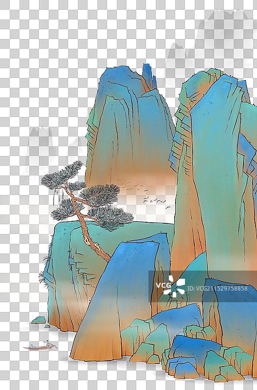 手绘国风国潮古风青绿山水画风景插画元素图片素材
