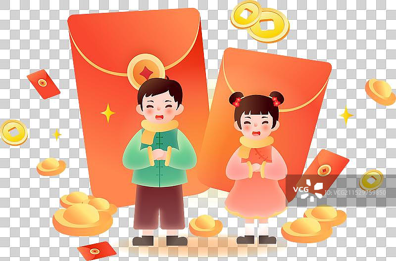 春节两个儿童给大家拜年恭喜发财图片素材