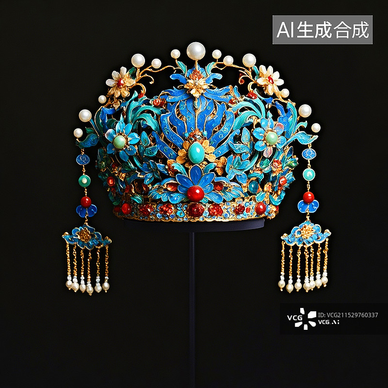 【AI数字艺术】中国风掐丝珐琅发冠头饰装饰品图片素材