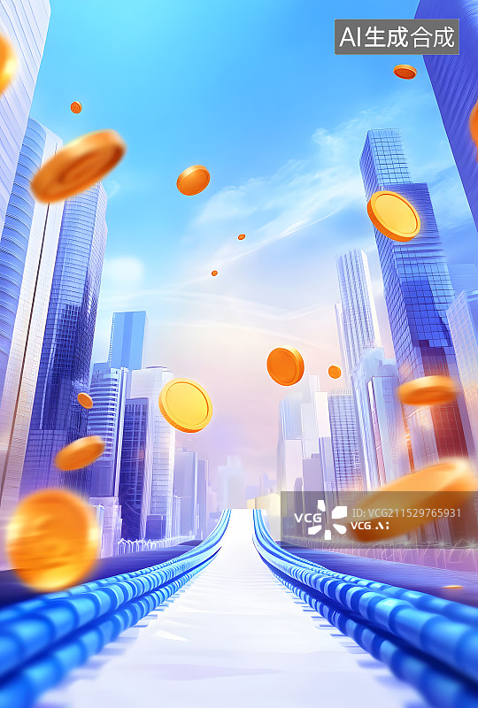 【AI数字艺术】电商场景金币传送带都市狂欢购物图片素材