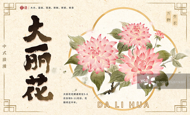 秋天大丽花花卉-国风国画写意古风水墨水彩肌理海报设计模板图片素材