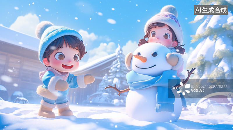 【AI数字艺术】冬天雪地里儿童堆雪人图片素材
