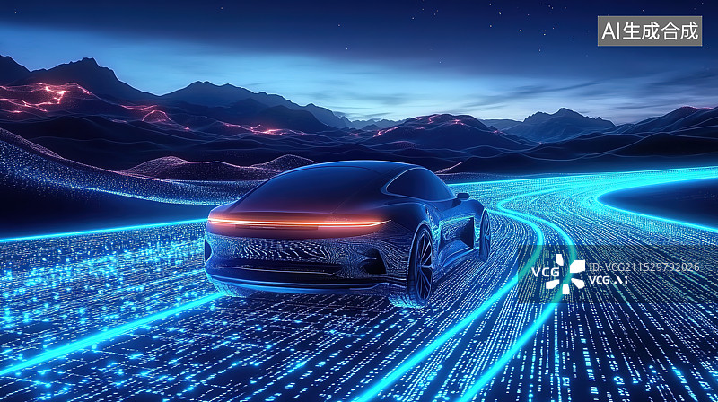 【AI数字艺术】城市公路上行驶的电动汽车和自动驾驶概念图片素材