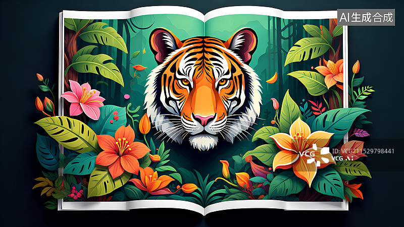 【AI数字艺术】动物主题插画 热带雨林的老虎装饰画图片素材