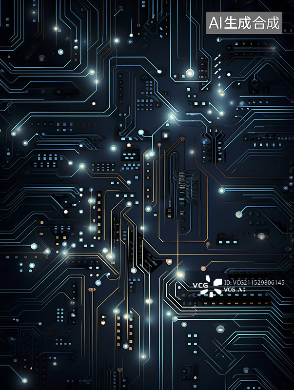 【AI数字艺术】发光的人工智能芯片母板图片素材