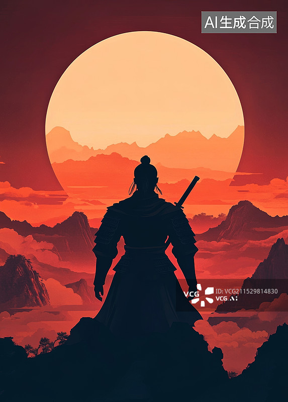 【AI数字艺术】一位身穿传统武士服的人物，背对着观众，站在山巅上。背景是一个巨大的红色月亮，周围是连绵的山脉和云海，图片素材