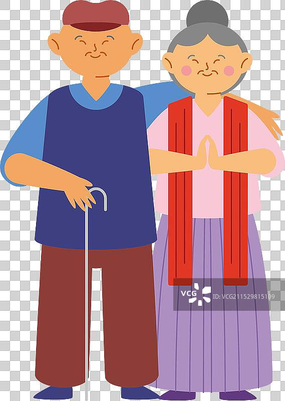 卡通风格的中国老夫妻拥抱在一起图片素材