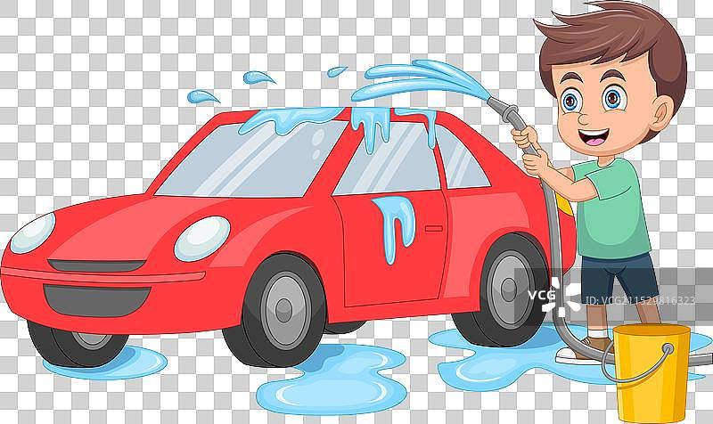 快乐的小男孩在洗车的卡通画图片素材