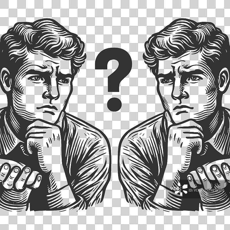 困惑的男人与镜子中的问号图片素材