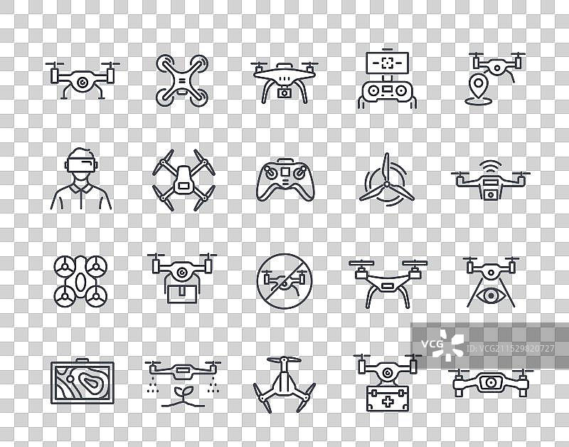 无人机线条图标集，简单符号与无线功能图片素材