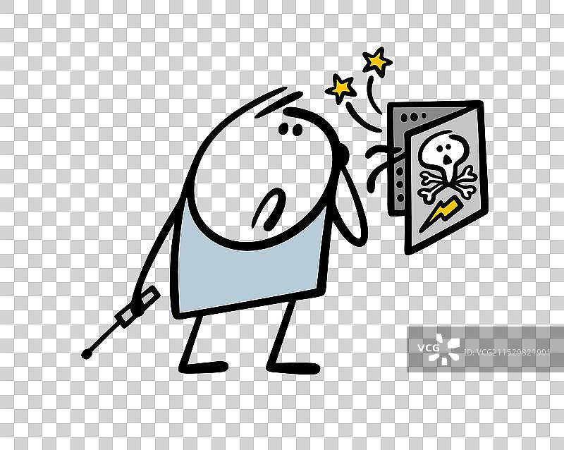 困惑的火柴人电工打开了盒子，图片素材