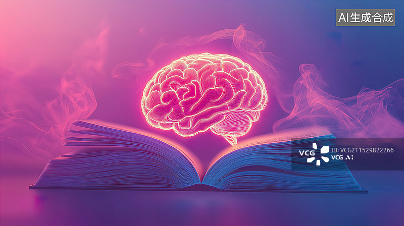 【AI数字艺术】一个打开的书本,书页上漂浮着一个发光的粉色大脑。背景是粉紫色烟雾图片素材