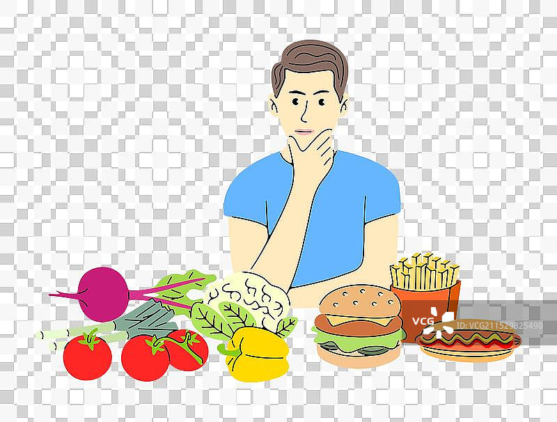男人在蔬菜和快餐之间做选择图片素材
