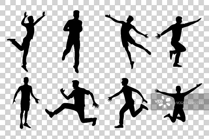 黑色剪影中的男人跳跃、站立、行走和其他姿势图片素材