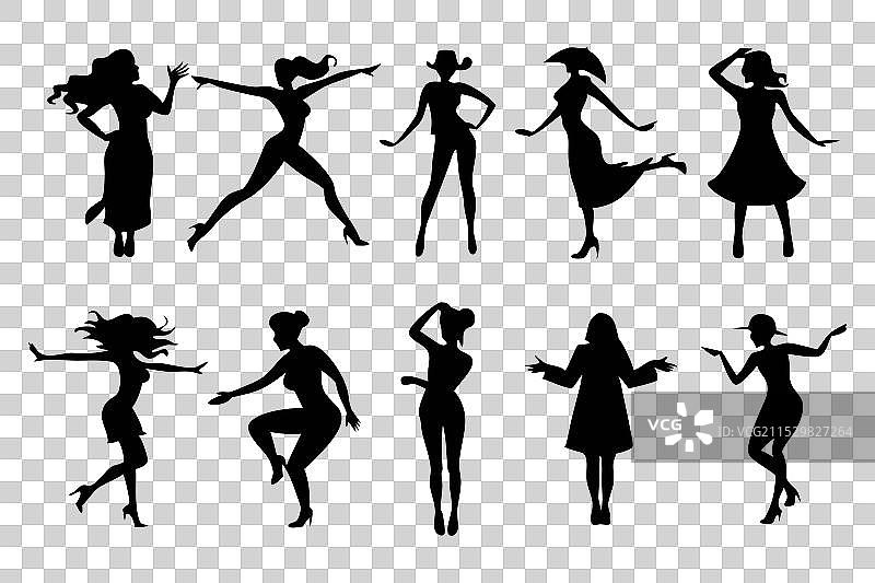 黑色背景下的女性跳跃、站立、行走及其他姿势图片素材