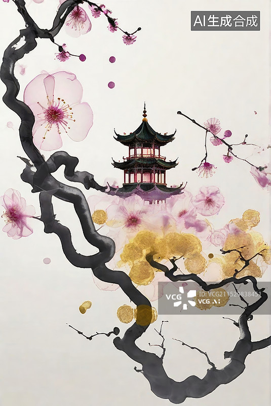 【AI数字艺术】梅花主题，中国风建筑塔图片素材