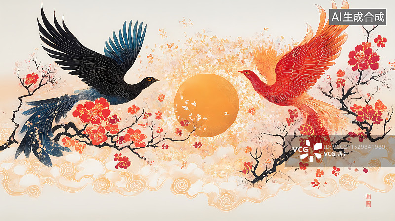 【AI数字艺术】百鸟朝凤插画图片素材
