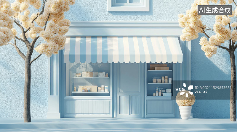【AI数字艺术】蓝色墙壁前的花店门面图片素材