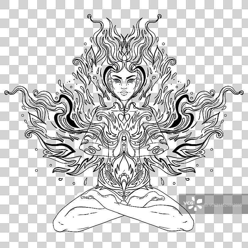 坐在莲花坐姿中的女孩与脉轮概念图片素材