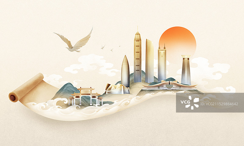 深圳国风天际线插画图片素材