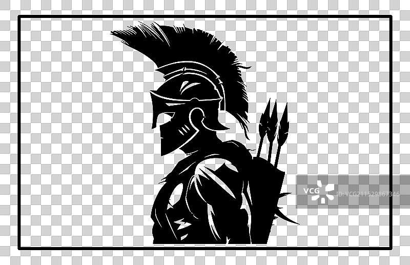 跪着的古希腊战士，头戴头盔，手持长矛图片素材