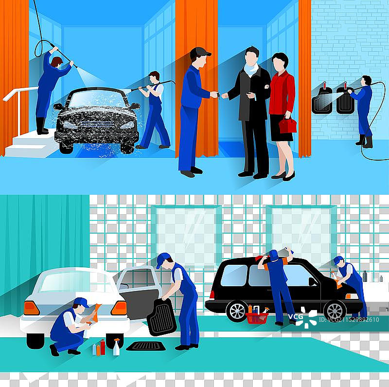 汽车清洗服务 2 个平面横幅图片素材