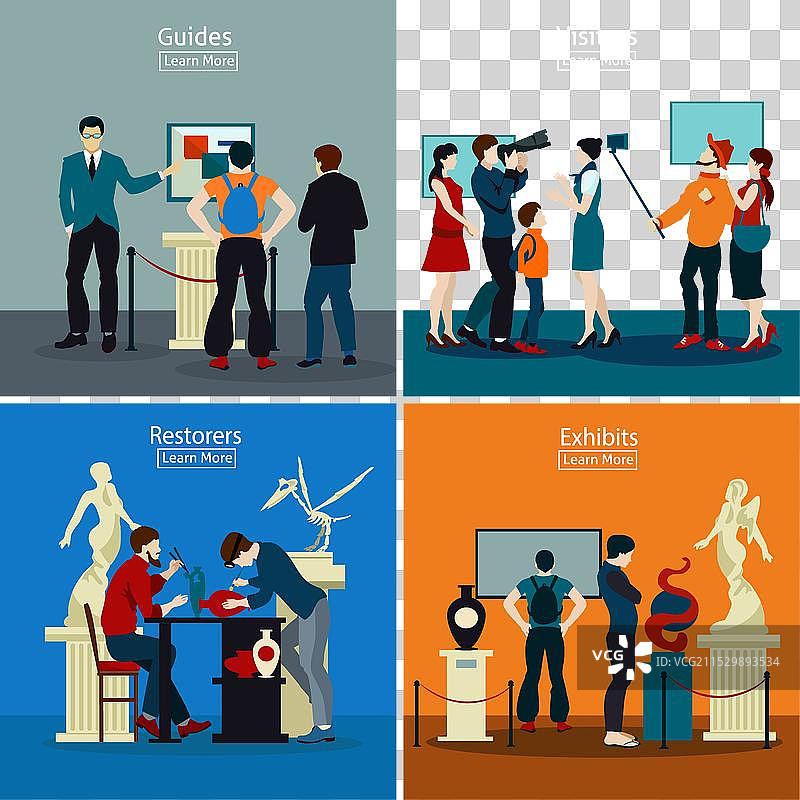 博物馆和画廊中的人们 2x2 设计概念图片素材