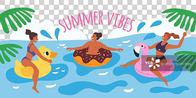 快乐的男女在充气圈中玩耍图片素材