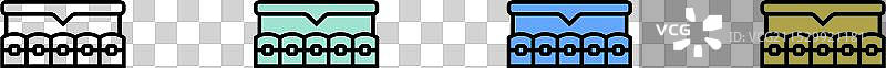 牙套图标轮廓，绿色、蓝色和黄色风格图片素材