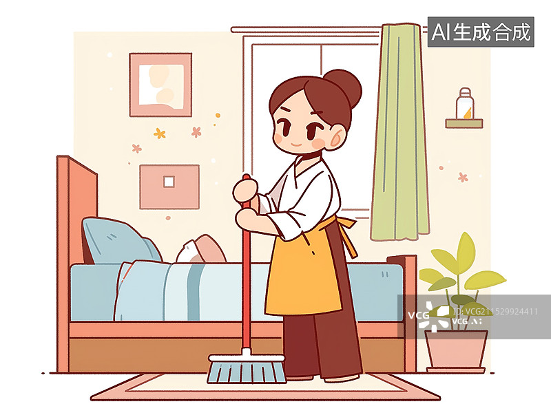 【AI数字艺术】在卧室扫地的女孩图片素材