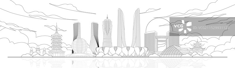 杭州城市建筑黑色线稿矢量插画图片素材